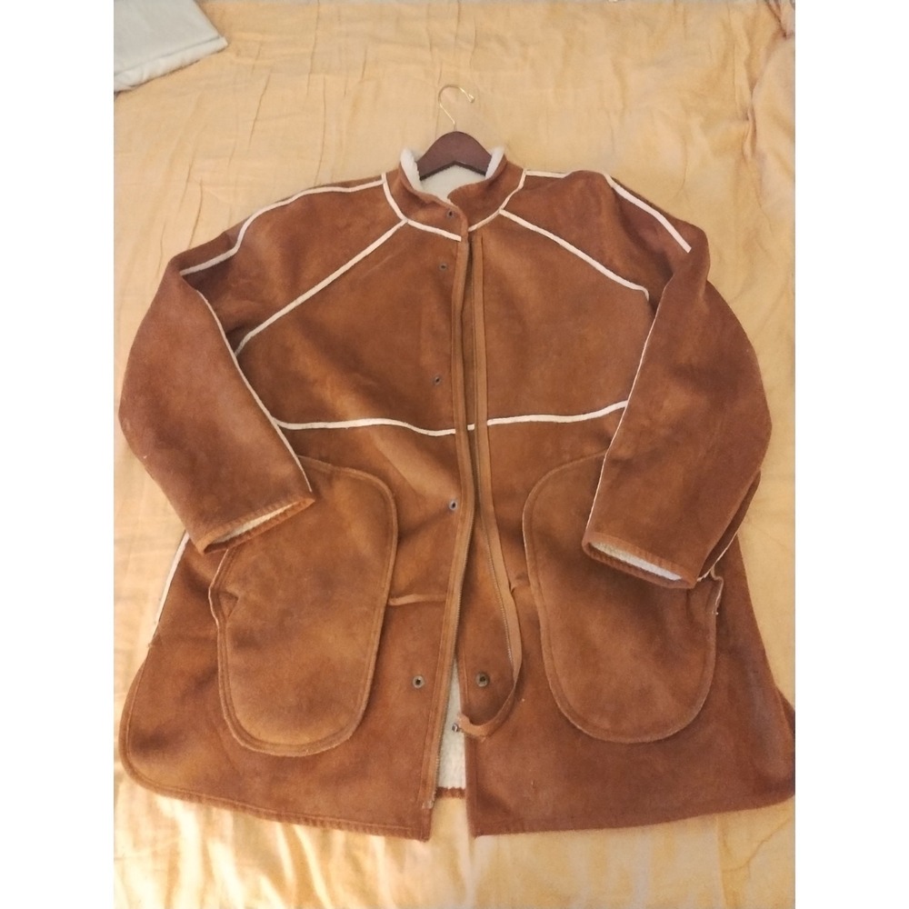 Old Navy Womens Brown Suede Shearling Reversible Mid-Length Jacket L Broken Zip